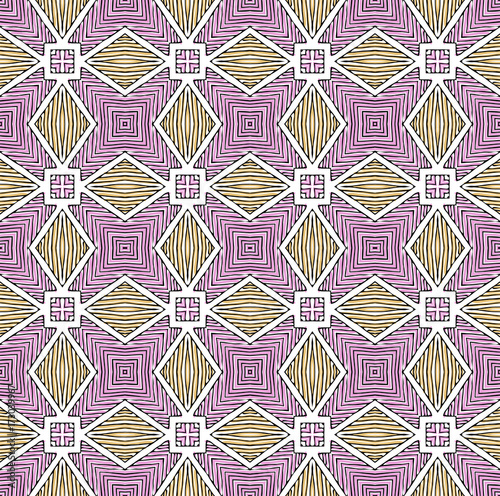 Seamless striped vector pattern. Vintage colored decorative repainting background with tribal and ethnic motifs. Abstract geometric roughly hatched shapes colored with hand drawn brush stokes.