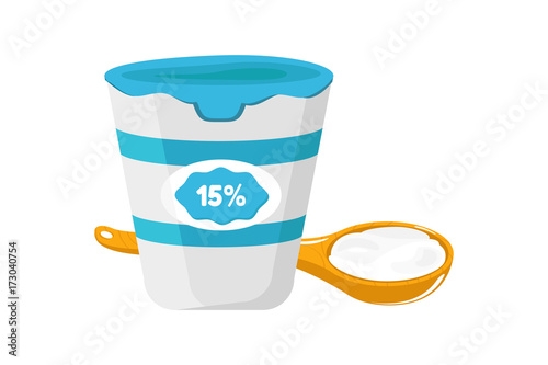 Vector illustration of sour cream,wooden spoon, parsley and garlic.