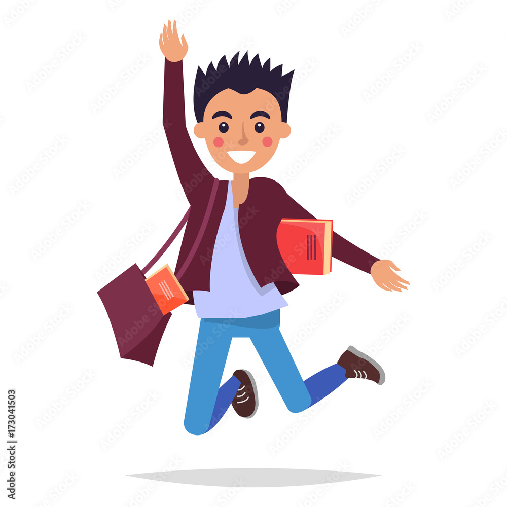 Jumping Brunette Student with Book and Briefbag