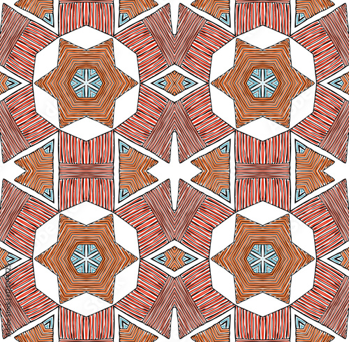 Seamless striped vector pattern. Vintage colored decorative repainting background with tribal and ethnic motifs. Abstract geometric roughly hatched shapes colored with hand drawn brush stokes.