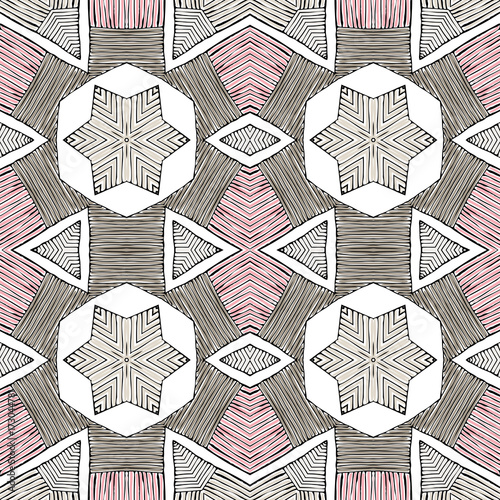 Seamless striped vector pattern. Vintage colored decorative repainting background with tribal and ethnic motifs. Abstract geometric roughly hatched shapes colored with hand drawn brush stokes.