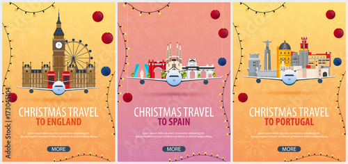 Set of Christmas Travel posters to England, Spain, Portugal. Winter travel. Vector illustration.