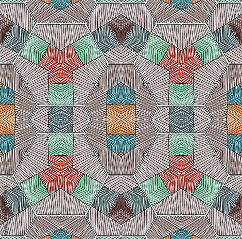 Seamless striped vector pattern. Vintage colored decorative repainting background with tribal and ethnic motifs. Abstract geometric roughly hatched shapes colored with hand drawn brush stokes.