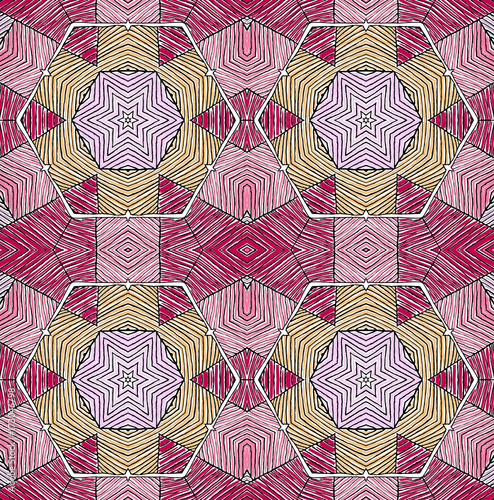 Seamless striped vector pattern. Vintage colored decorative repainting background with tribal and ethnic motifs. Abstract geometric roughly hatched shapes colored with hand drawn brush stokes.