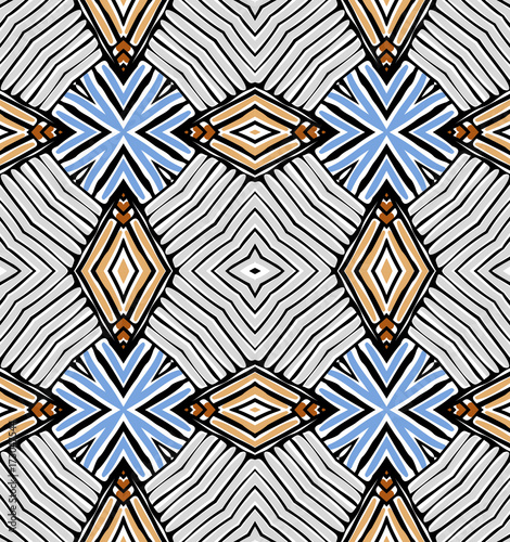 Seamless striped vector pattern. Vintage colored decorative repainting background with tribal and ethnic motifs. Abstract geometric roughly hatched shapes colored with hand drawn brush stokes.
