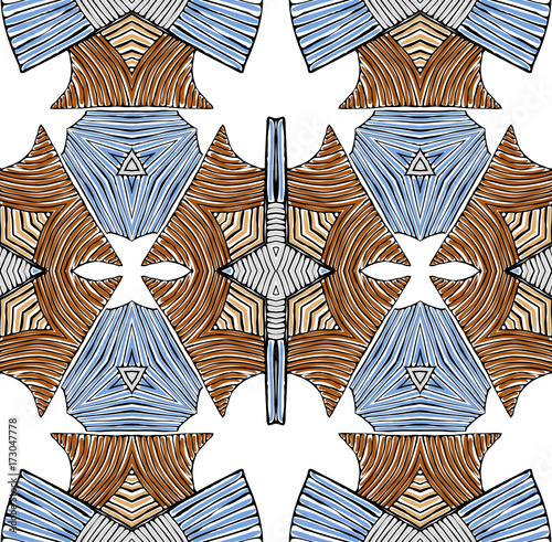 Seamless striped vector pattern. Vintage colored decorative repainting background with tribal and ethnic motifs. Abstract geometric roughly hatched shapes colored with hand drawn brush stokes.