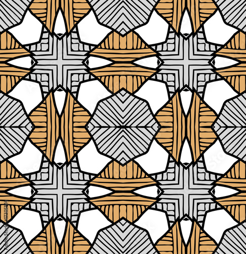 Seamless striped vector pattern. Vintage colored decorative repainting background with tribal and ethnic motifs. Abstract geometric roughly hatched shapes colored with hand drawn brush stokes.