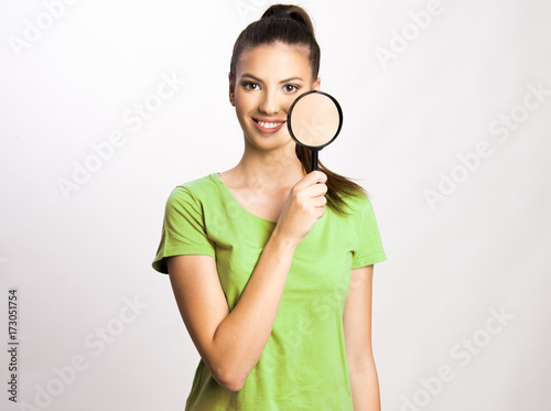 beautiful girl woman with skin problem concept magnifier 