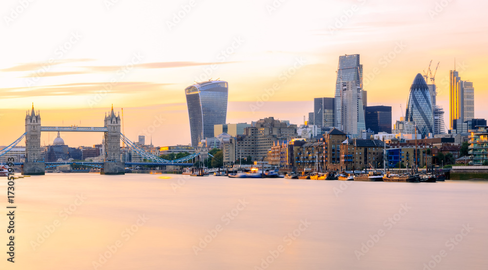 Long exposure, panoramic view of London cityscape at sunset with landmarks