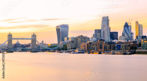 Long exposure, panoramic view of London cityscape at sunset with landmarks photo