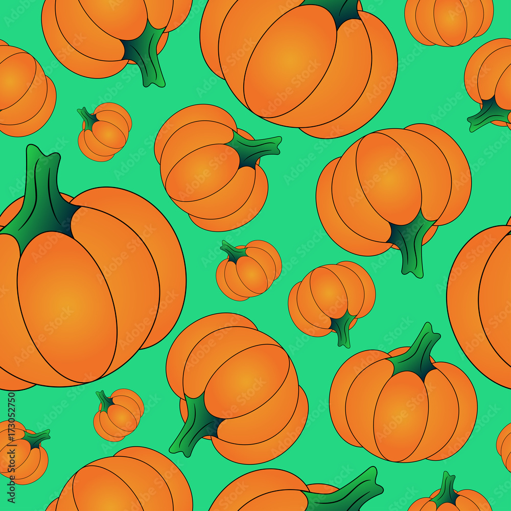 Orange Halloween pumpkin background seamless pattern, vector illustration on green background. Orange Halloween pumpkin background seamless pattern, vector illustration on green background.