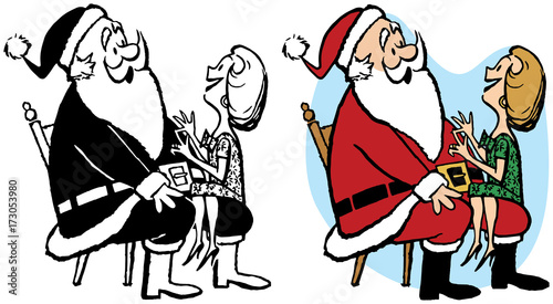 A woman sits on Santa's lap and tells him what she wants for Christmas