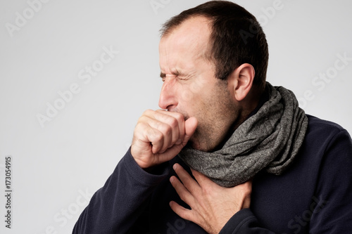 Mature man is ill from colds or pneumonia.
