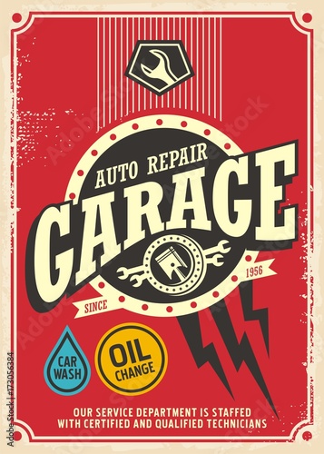 Classic garage retro poster design template. Car service and repair vintage sign.