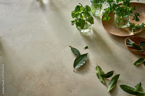Different herbs on plaster table for wellness photo