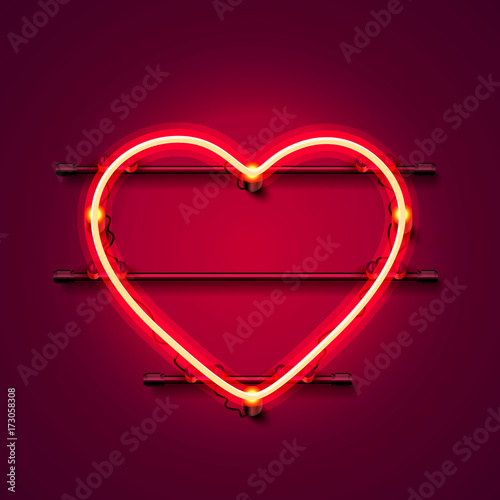 Neon heart signboard on the red background. Vector illustration