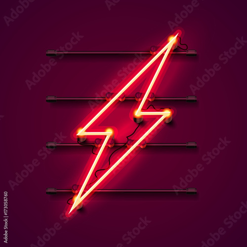 Neon sign of lightning signboard on the red background. Vector illustration