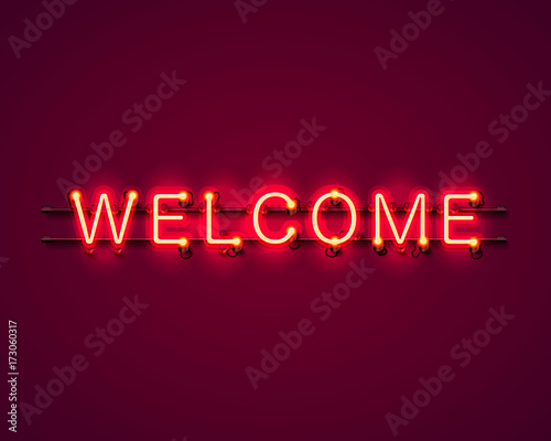 Neon welcome signboard on the red background. Vector illustration