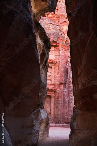 In front of Siq, the narrow canyon before the entrance passage to hidden Petra city, Jordan
