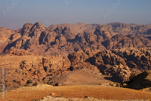 landscape of Petra Valley, Red, orange and warm rocks in the capital city of the Nabataeans, Petra, Jordan