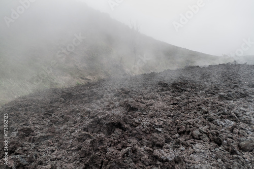 Mist covering a lava field of the Pacaya volcano, Guatemala