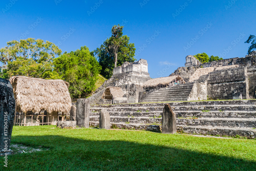 Ruins at Gran Plaza at the archaeological site Tikal, Guatemala