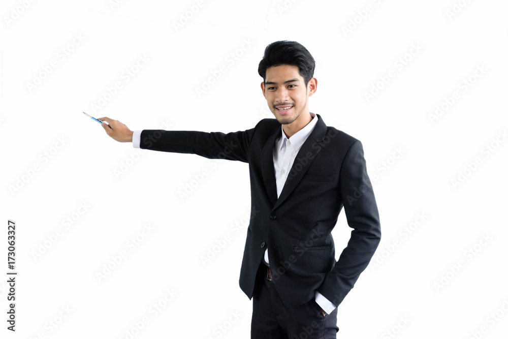 Young asian businessman presenting by gesturing with hand with against group of colleagues with white board about new startup project in at briefing, business colleagues teamwork concept.