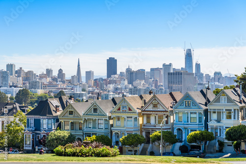 Photography Beautiful view of Painted Ladies, colorful Victorian houses located near scenic