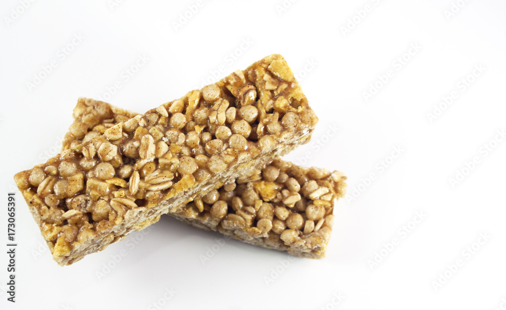 Two granola bars isolated on white background Two granola bars isolated on white background