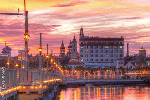 Beautiful view of the Bridge of Lions, the sky and the city at sunset, Saint Augustine, USA