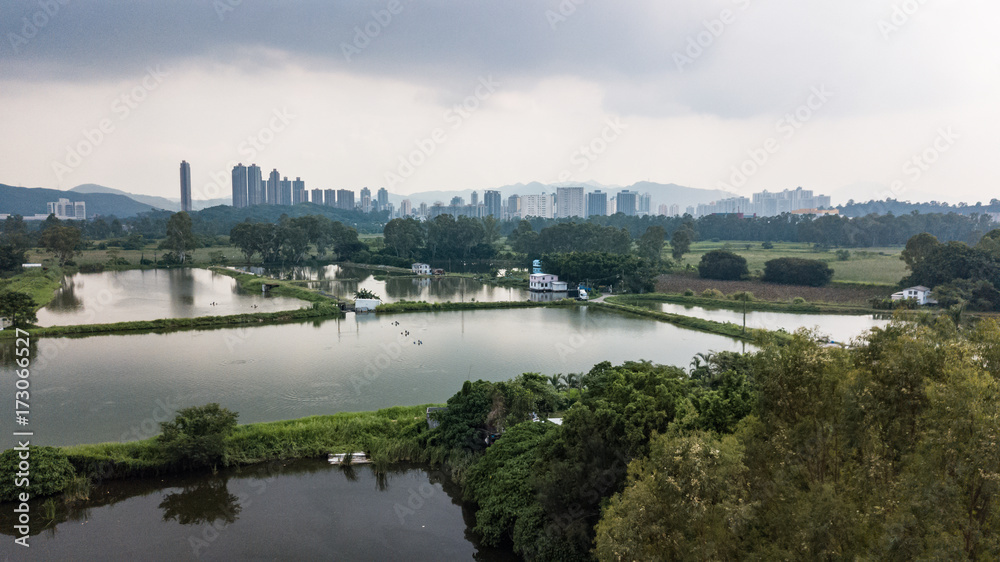 Aerial view over The Hong Kong, near Shenzhen border , China