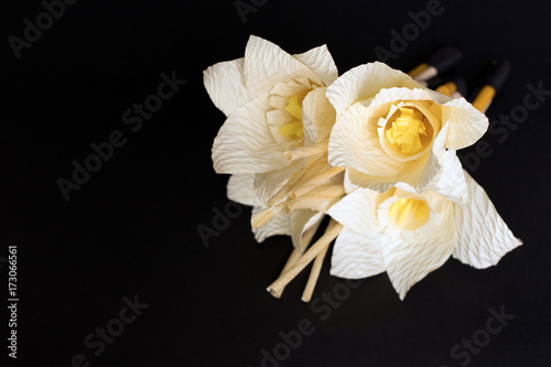 Fototapeta Naklejka Na Ścianę i Meble -  Kind of wood flower isolated on black background; to be placed on the site of cremation in Thailand. (Dok Mai Jan)