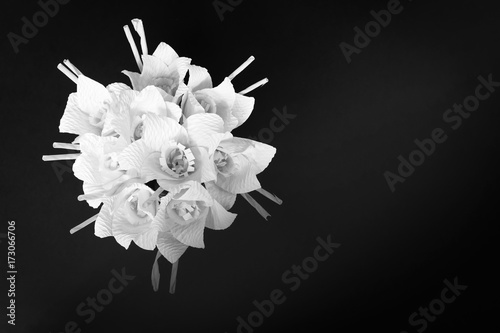 Fototapeta Naklejka Na Ścianę i Meble -  Kind of wood flower isolated on black background; to be placed on the site of cremation in Thailand. (Dok Mai Jan)