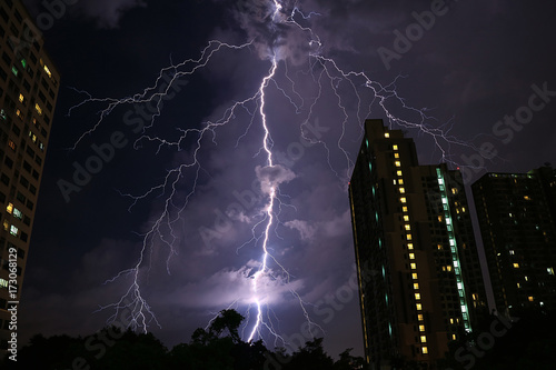 Incredible Real Lightning Striking on Night Sky of Bangkok' s Urban, Monsoon Season in Thailand 