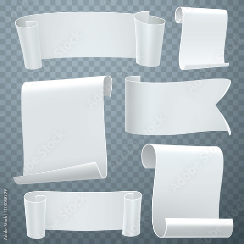 Gray tapes template set. Curled paper ribbons. Ancient papyrus collection. Vector illustration.