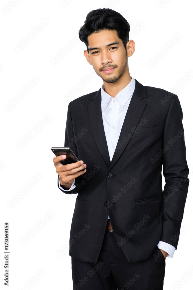 Young handsome asian business man using smartphone contact with partner while standing isolated white background,business people concept Young handsome asian business man using smartphone contact with partner while standing isolated white background,business people concept