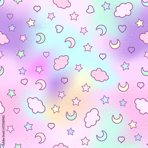 Seamless pattern with clouds, moon, stars, and in the doodle kaw photo