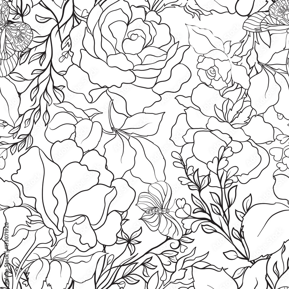 Fototapeta premium Roses. Seamless Pattern. Stock line vector illustrator.