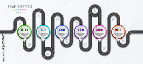 Navigation map infographic 6 steps timeline concept. Winding roa