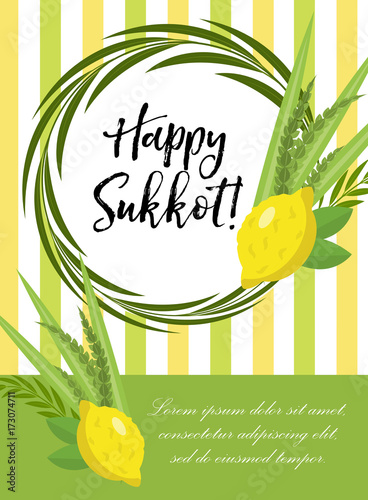 Happy Sukkot flyer, posters, invitation. Sukkot template for your design greeting card and more with etrog, lulav, Arava, Hadas. Vector illustration photo