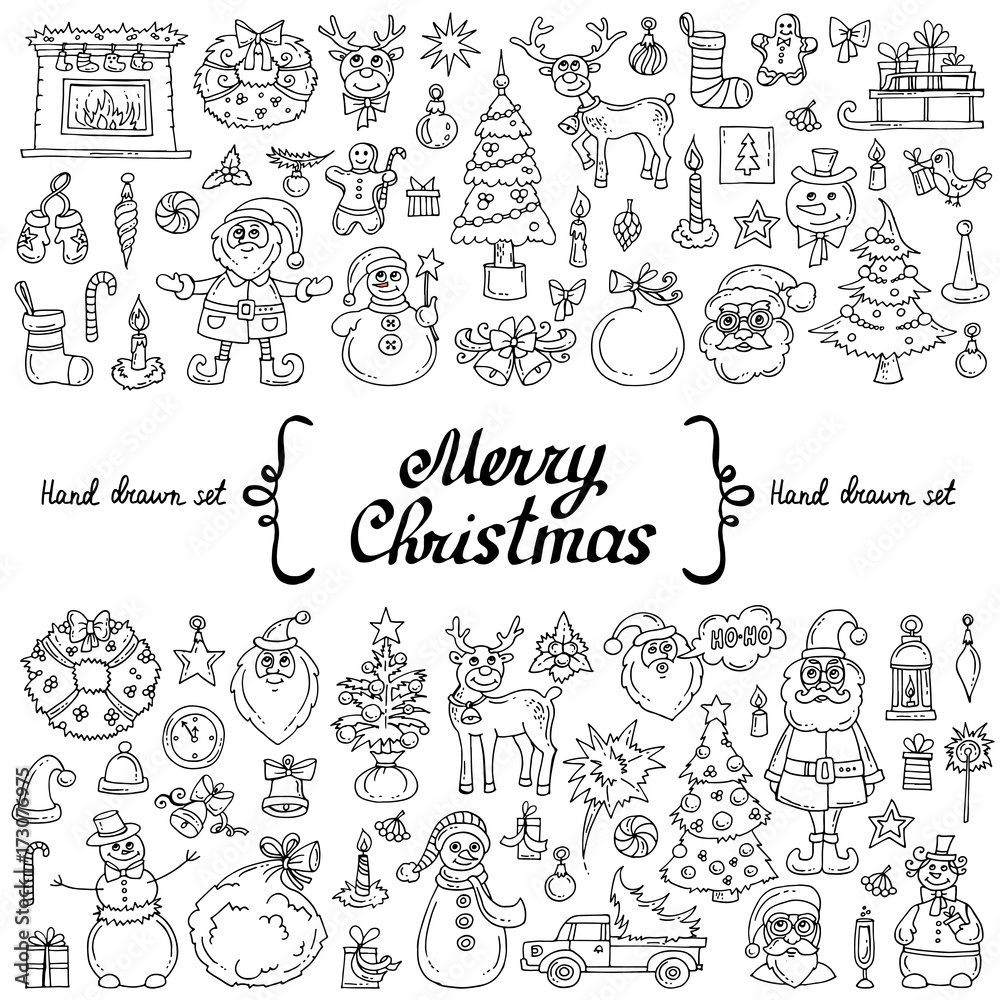 Vector set with hand drawn isolated doodles on the  theme of Merry Christmas, Happy New Year on white color. Cartoon symbols of holiday