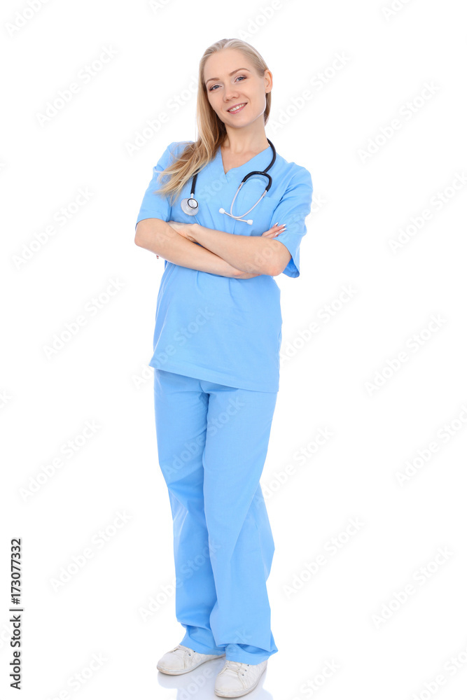 Smiling young nurse portrait isolated over white background. Smiling young nurse portrait isolated over white background.