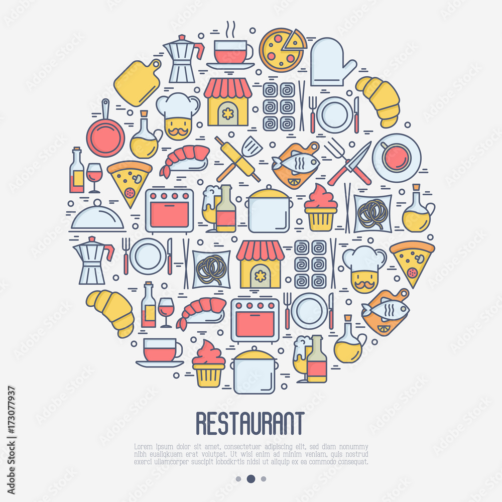 Restaurant concept in circle with thin line icons: chef, kitchenware, food, beverages for menu or print media. Vector illustration for banner, web page. Restaurant concept in circle with thin line icons: chef, kitchenware, food, beverages for menu or print media. Vector illustration for banner, web page.