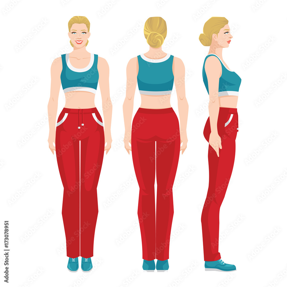 Vector illustration of curly girls in clothes for sport and fitness isolated on white background. Various turns woman's figure. Front view and back view. Vector illustration of curly girls in clothes for sport and fitness isolated on white background. Various turns woman's figure. Front view and back view.