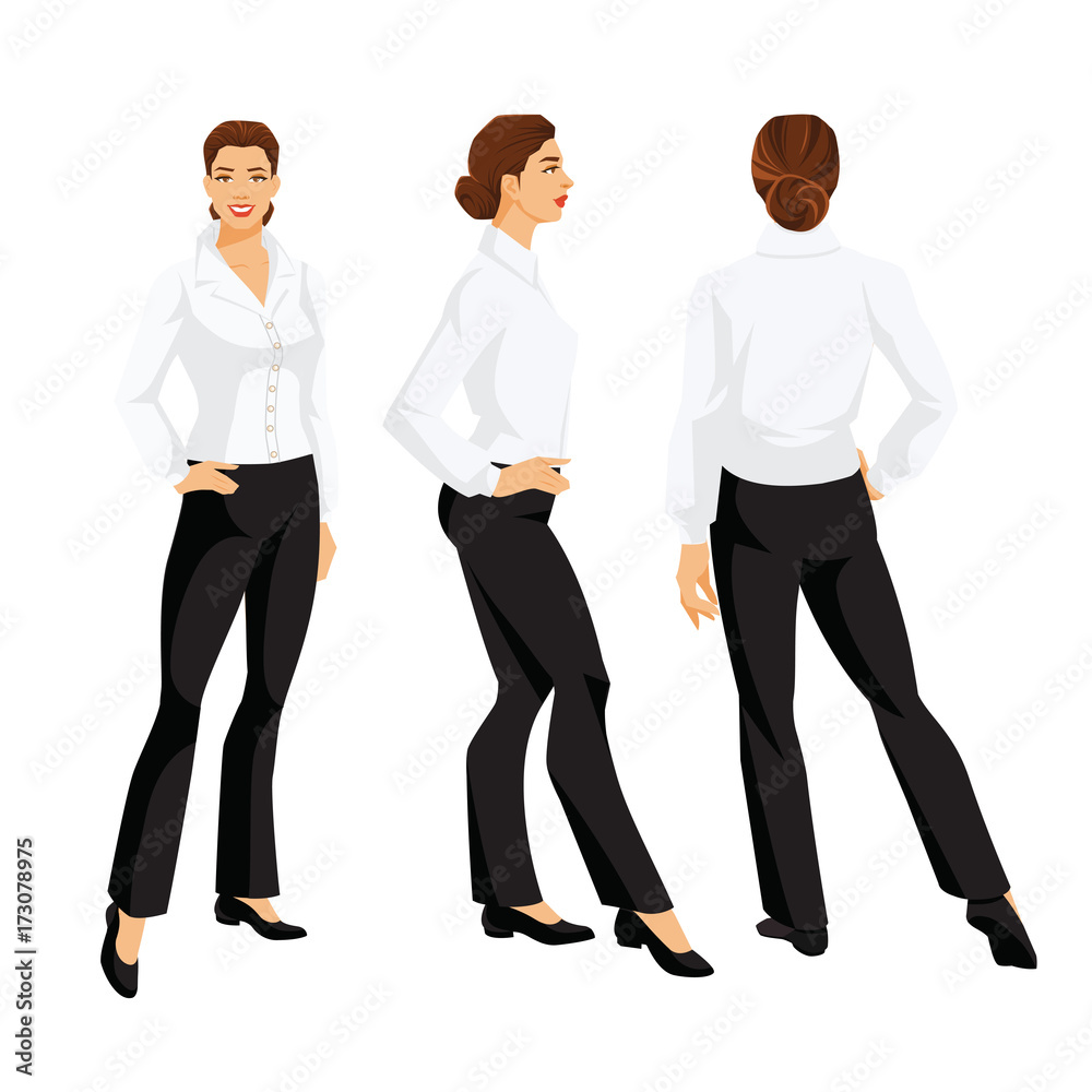Vector illustration of corporate dress code. Business woman or secretary in formal clothes. Front view and back view. White blouse, black pants and shoes isolated on white background.