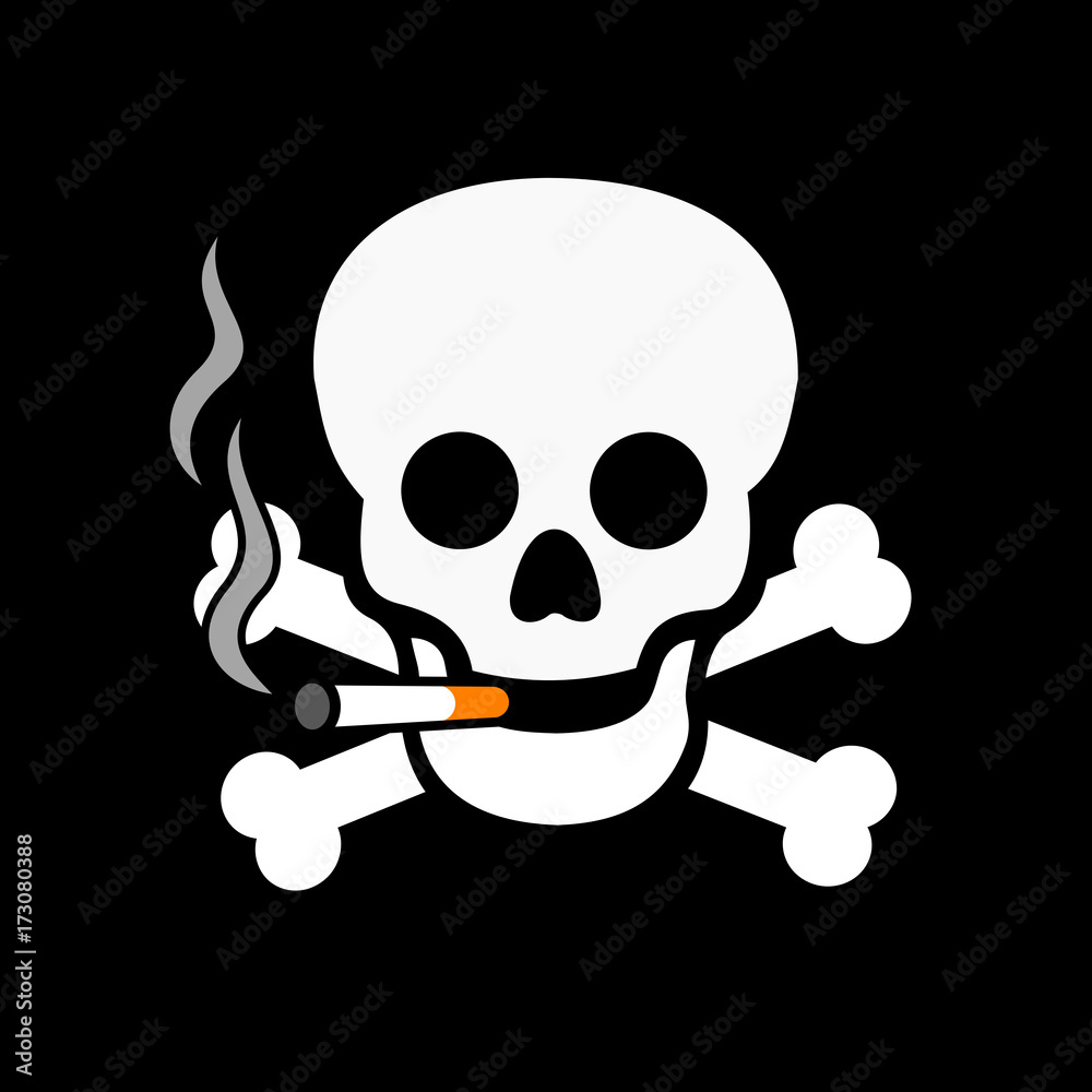 Skull is smoking cigarette. Metaphor of smoking as dangerous, harmful