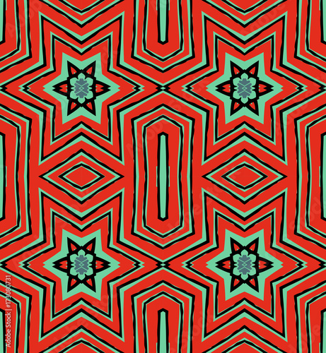 Seamless striped vector pattern. Vintage colored decorative repainting background with tribal and ethnic motifs. Abstract geometric roughly hatched shapes colored with hand drawn brush stokes.