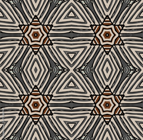 Seamless striped vector pattern. Vintage colored decorative repainting background with tribal and ethnic motifs. Abstract geometric roughly hatched shapes colored with hand drawn brush stokes.