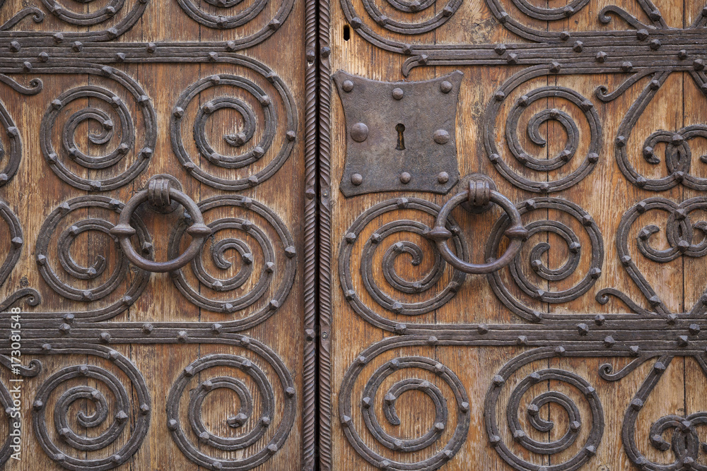 ancient brown wooden door with metallic ornaments