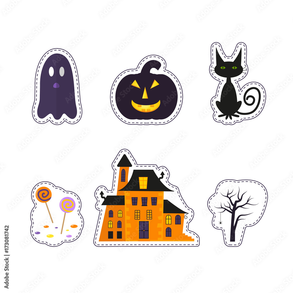 Happy Halloween patch badges with ghost, pumpkin, bat, cat, candy